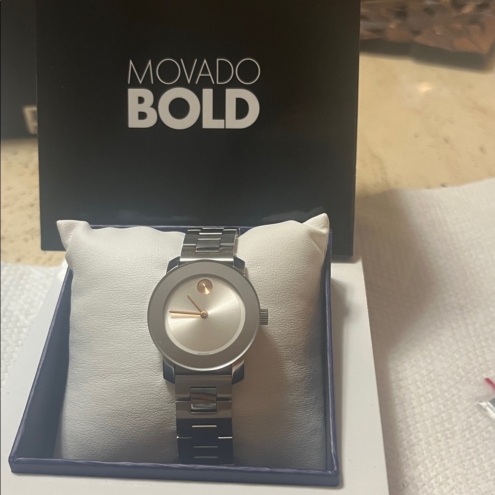 Movado Bold Silver, White Watch with ROSE GOLD arms and signature dot